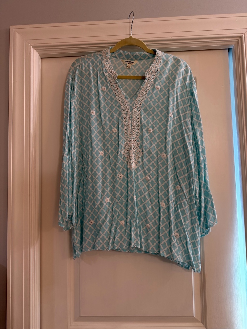 Tantrums Aqua Lattice-Print Tunic with White Embroidery